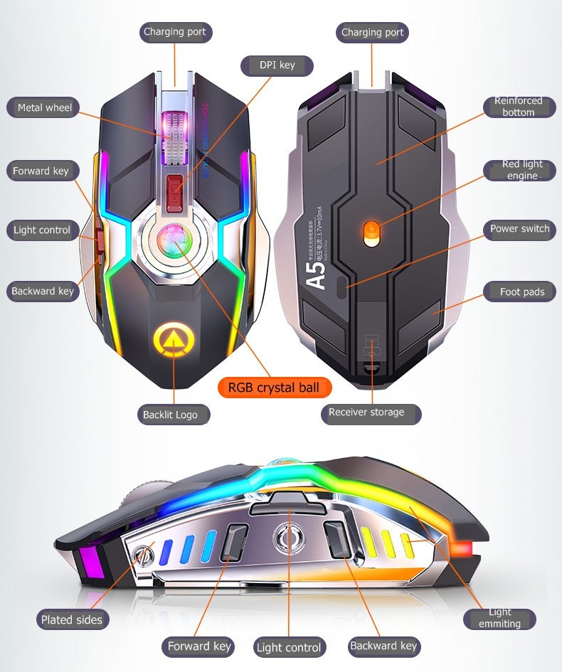 Color trådlös gaming rgb rechargeable mute button mouse