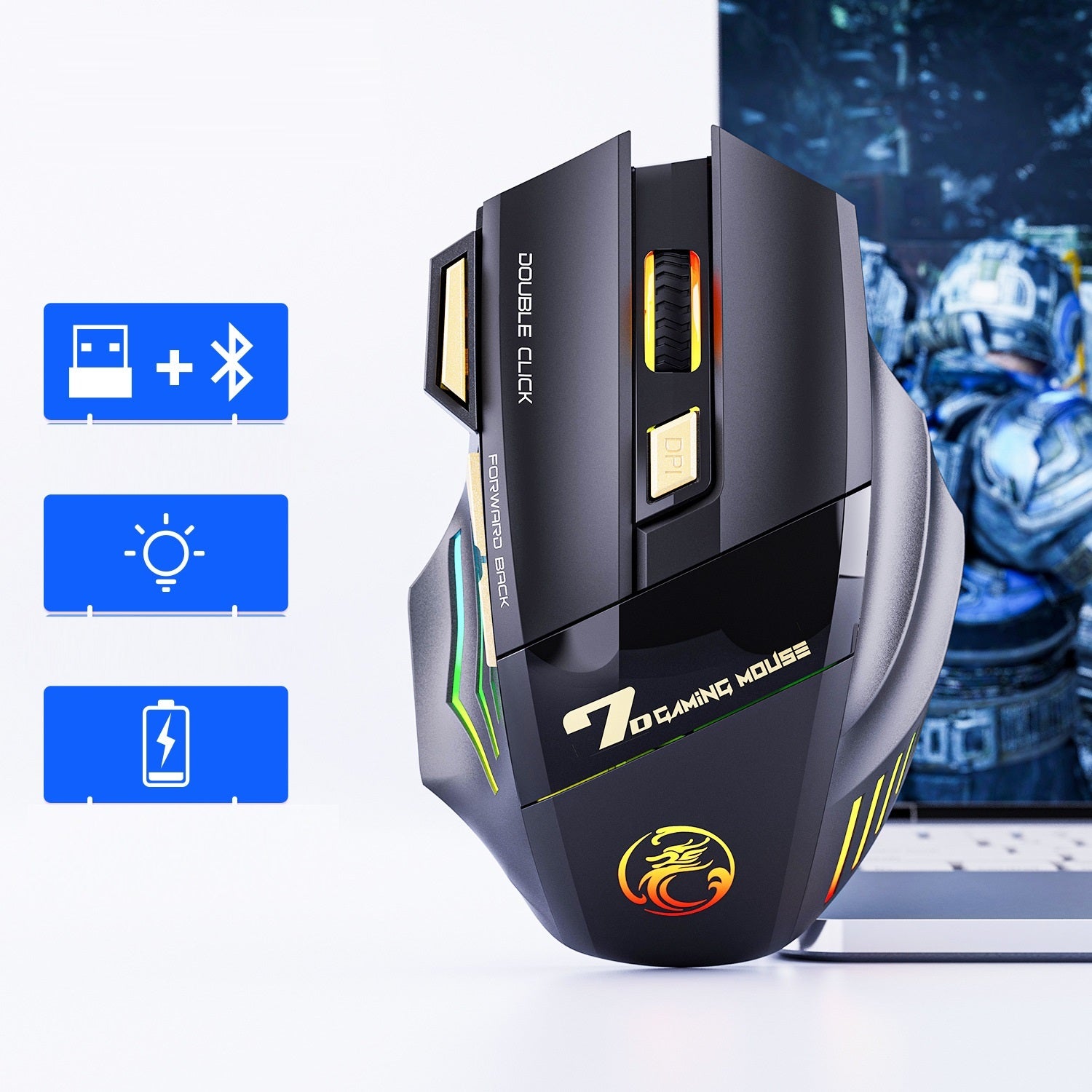 2 4g silent laddning colorful breathing light trådlös gaming mouse